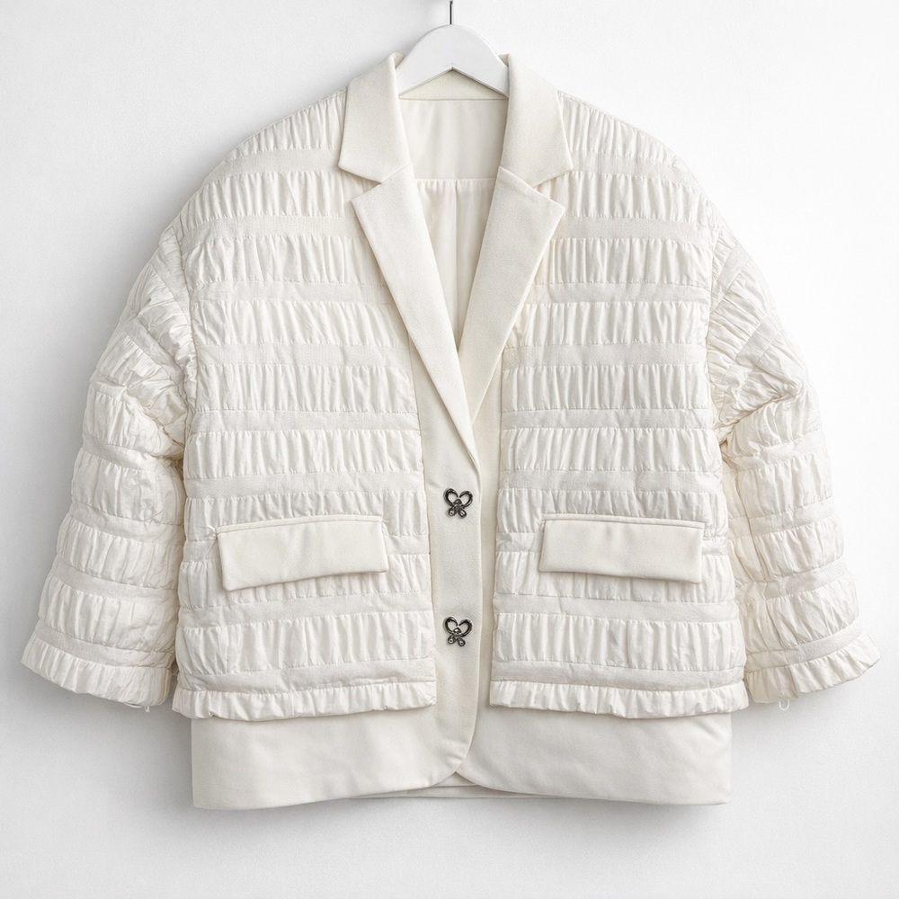 Off White Quilted Blazer Jacket M Sculptural Ruched Spring Modern Chic